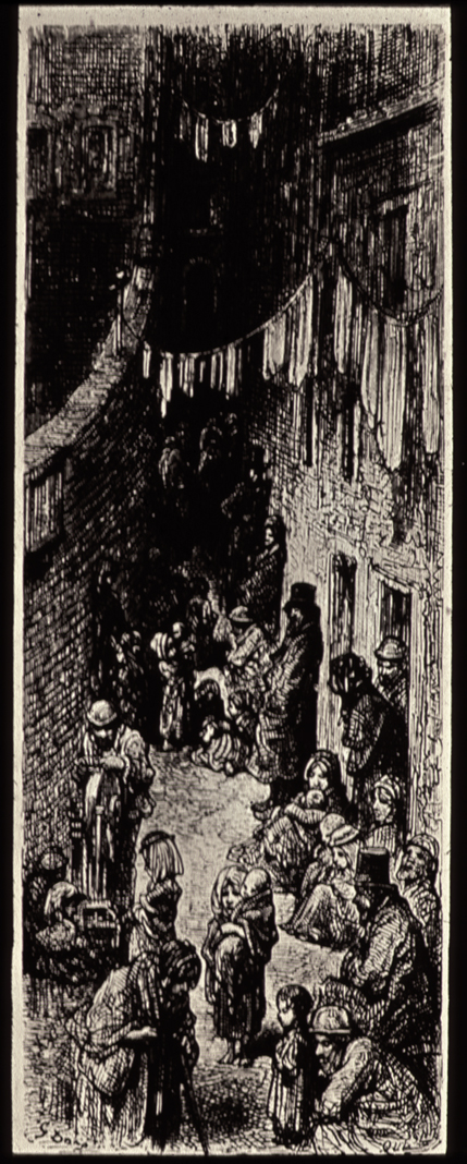 Manchester, UK,  street view by Dore, 1872 engraving.