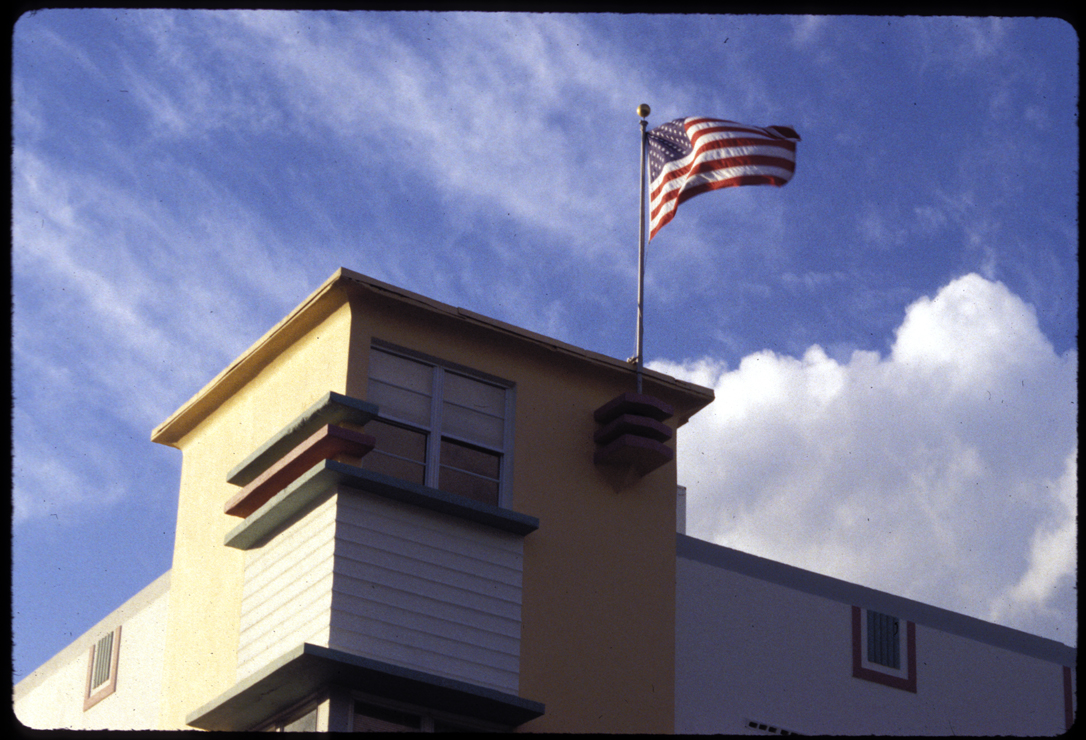 Miami, South Beach art deco with flag, Nov. 1997.