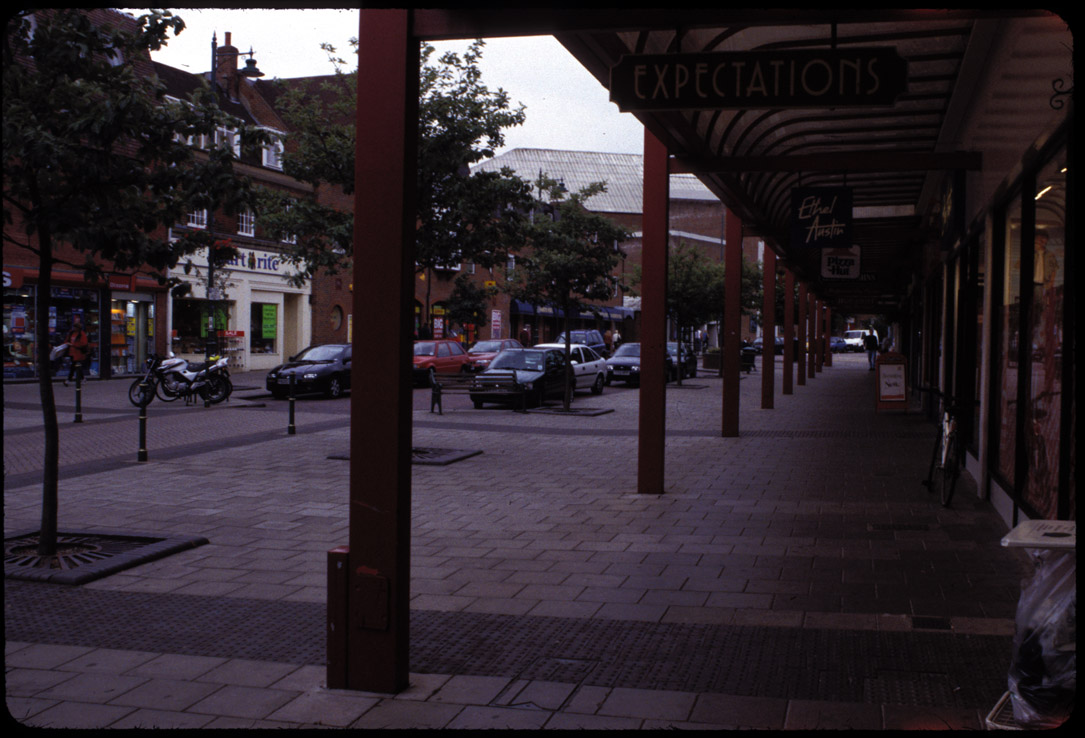 Letchworth-view of central street from civic heart, July '01.