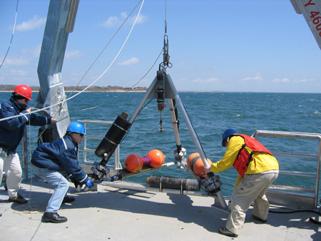 Three students lowering the sensor overboard.