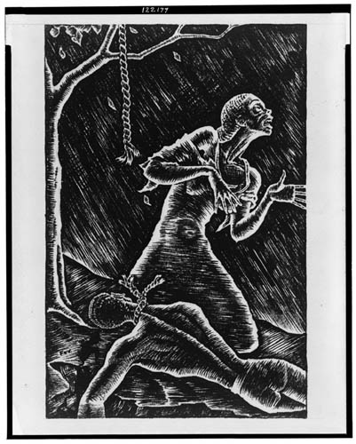 Cartoon showing anguished woman kneeling next to the body of a lynched man.