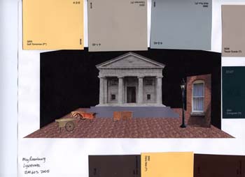 Aristophanes: LYSISTRATA set design for market square with house exterior, with color swatches.