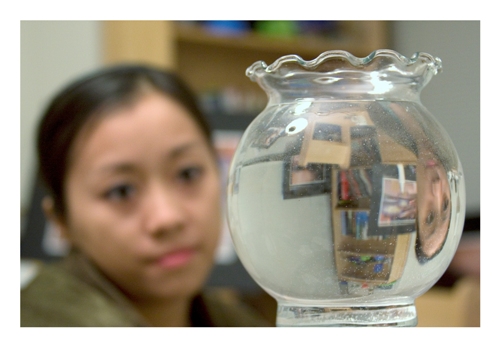 Photograph of a girl and room as seen in a spherical vase.