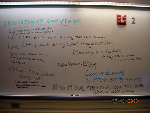 Notes on a whiteboard about observations of color/filters.