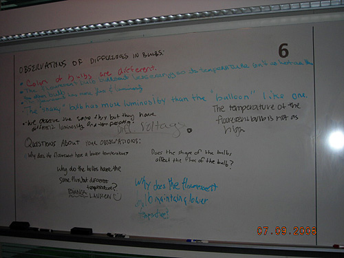 Notes on a whiteboard explain differences in bulbs.