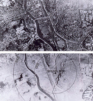 Two aerial photographs of Nagasaki, Japan. One shows the city with buildings and roads, and the latter shows the city completely wiped out.