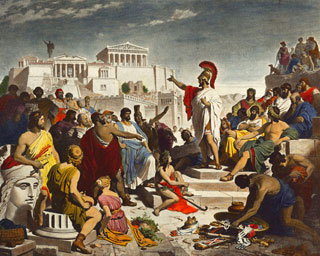 A muscular man wearing a toga and helmut speaks to a crowd gathered at the Acropolis of Athens.