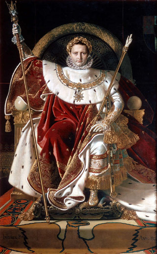 A painting of Napolean Boneparte after he ascended the French throne. In it, he is wearing furs, red, white, and golden robes, and a golden laurel wreath around his head.