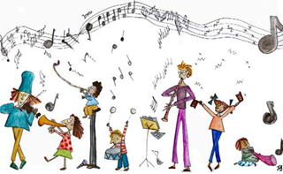 Drawing of people of all ages enjoying playing music.