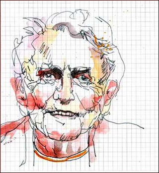 A watercolor of Ruth Barcan Marcas painted in red and yellow hues on grid-lined paper.