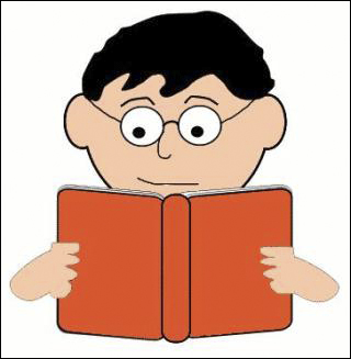 Image of a boy with glasses reading a book.