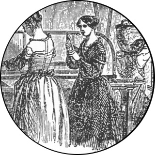 Etching shows two women attending a power loom, with a third in the background carrying a large basket.