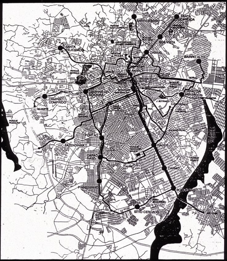 Curitiba, Brazil, map/diagram of transit corridors.