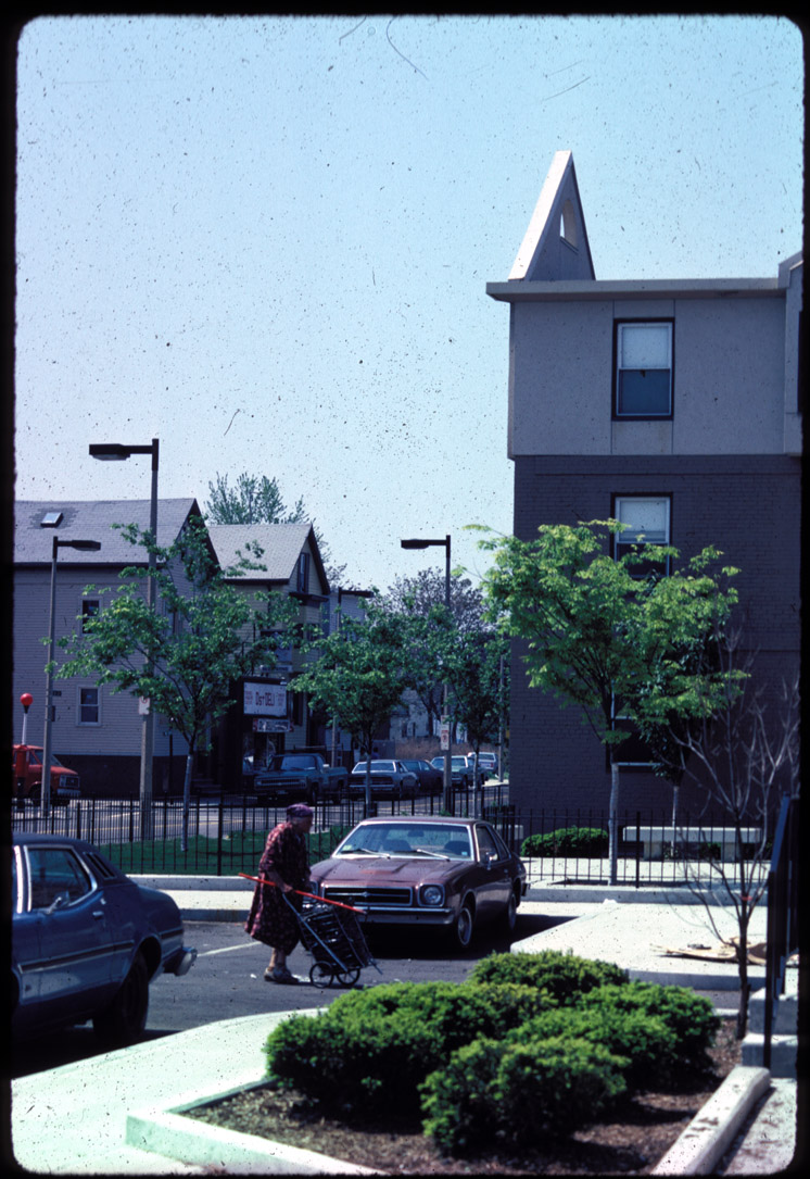 View of Phase 1, W. Broadway contextual fake gables, 1986.