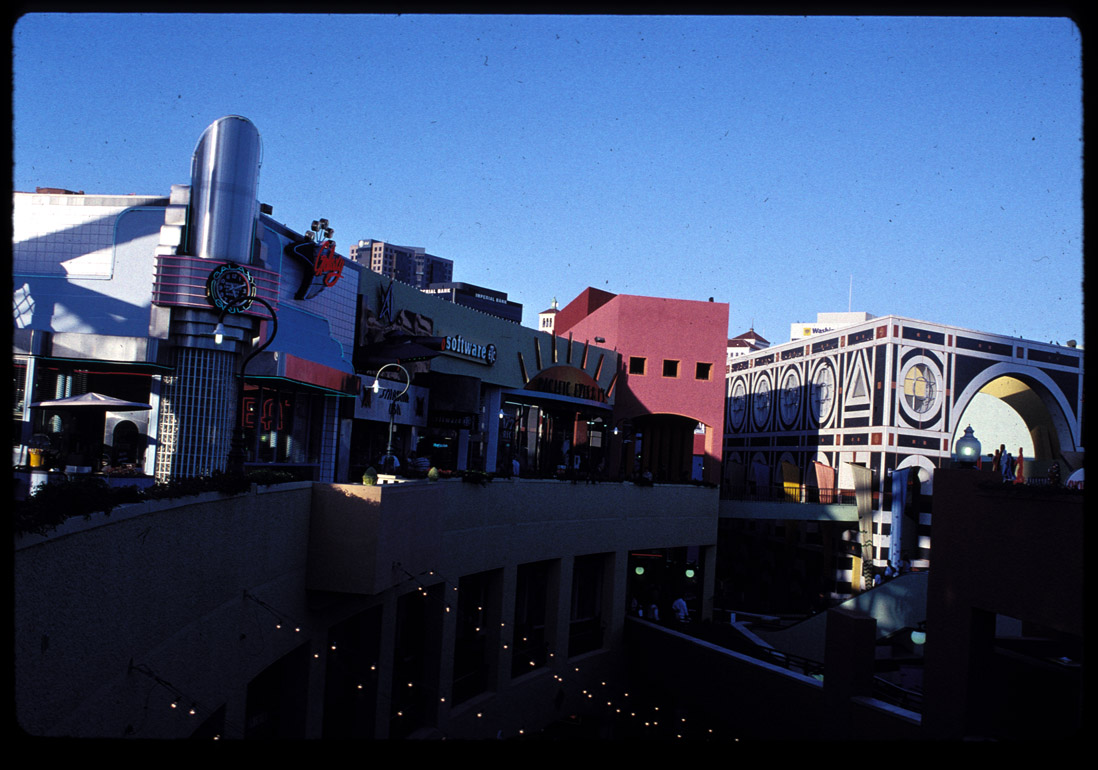 San Diego, Horton Plaza, colorful roofscape, 3/99.