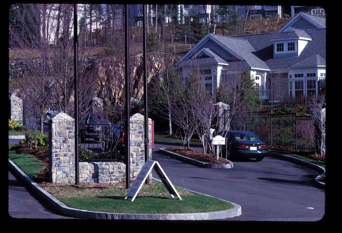 Waltham, MA, Bear Hill, Car entering gates, 11/99.