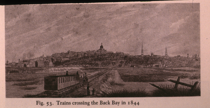 Trains crossing Back Bay, 1844.