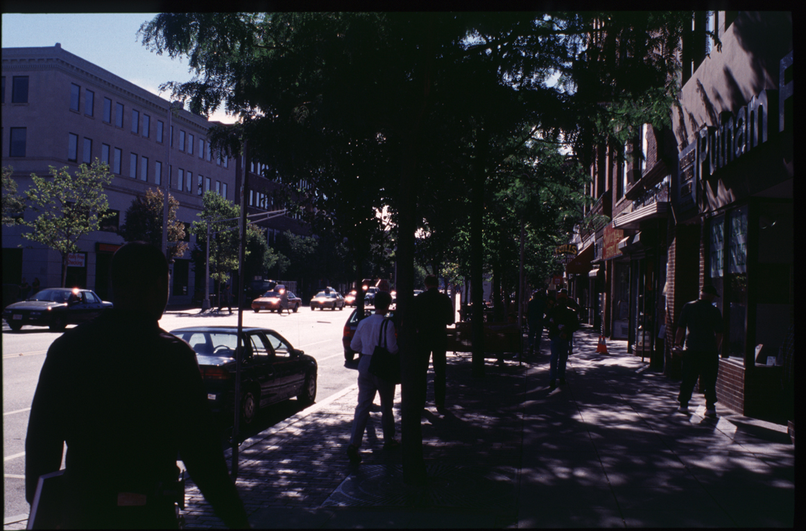 Central Square, Cambridge 9/01 - shaded trees on expanded sidewalk.