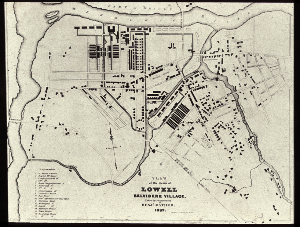 Lowell, MA c. 1832 map showing Merrimack Manufactuting Co.