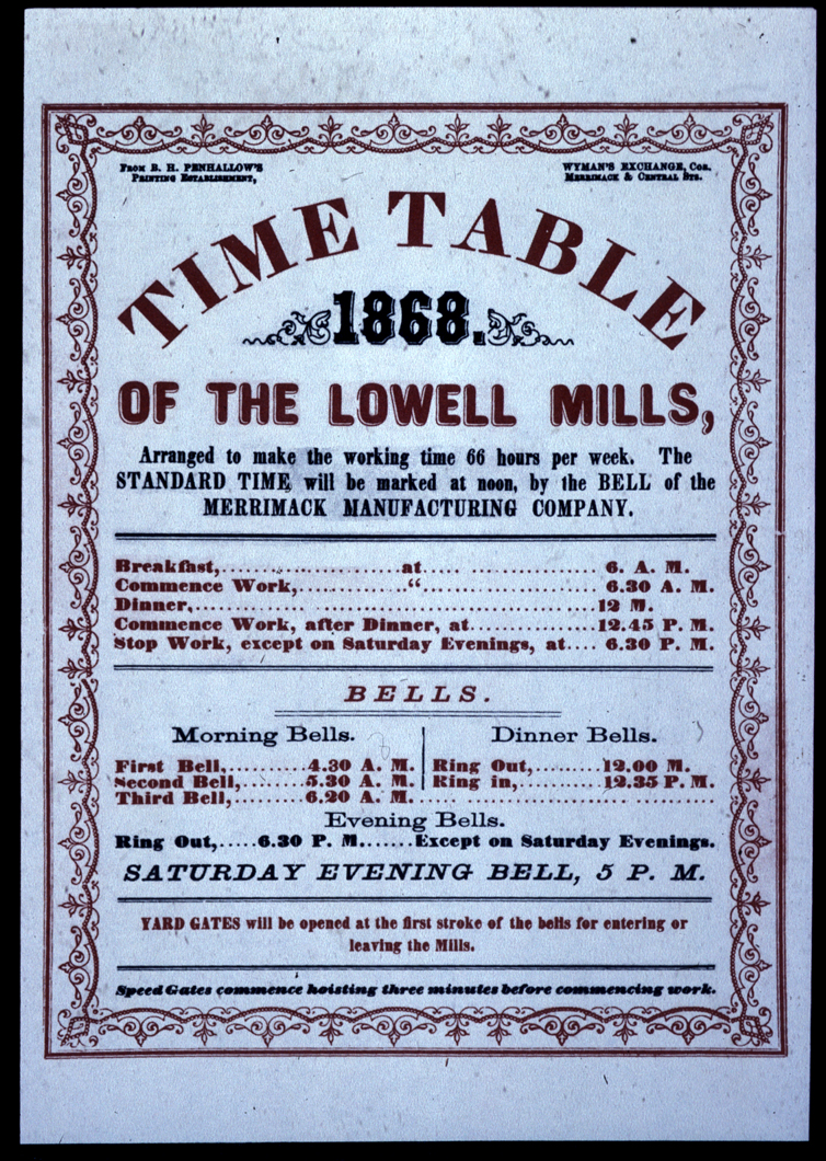 Timetable of 'Mill Girls', Lowell.
