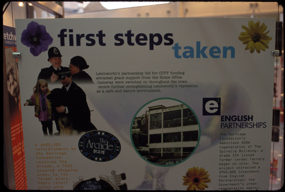 Letchworth-'first steps taken' poster (CCTV), July '01.