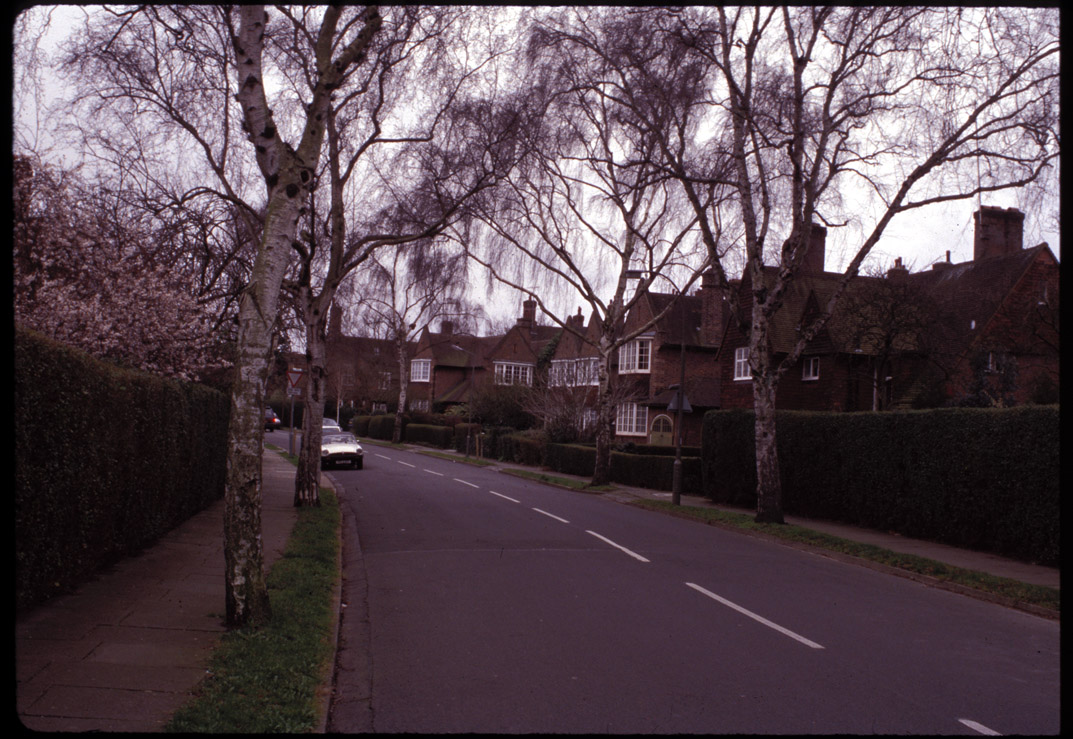 Hampstead Garden Suburb, London-gently curving street, March 1999.