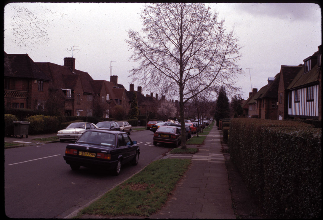 Hampstead Garden Suburb, London-residential street, March 1999.