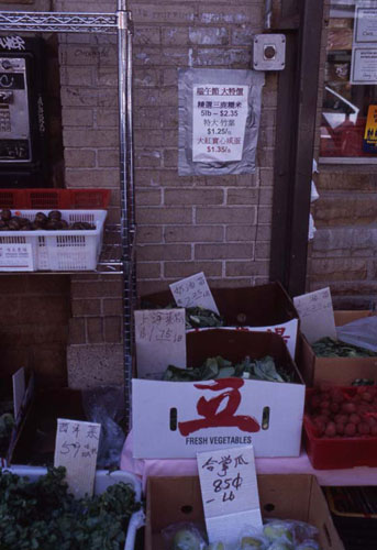 ʿ٣˽֣˳һǶȡ[Vegetables for sale in front of a shop.]