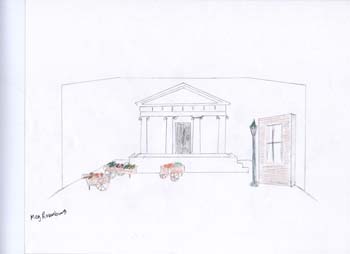 Aristophanes: LYSISTRATA rough sketch for the market square with house exterior.