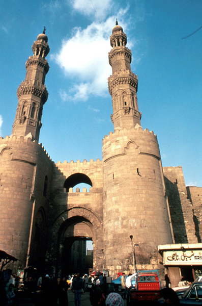 The two minarets of al-Mu'ayyad's Mosque atop the salients of Bab Zuweila.