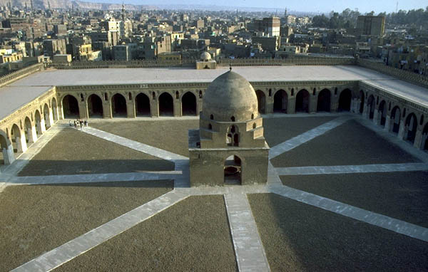 View of the mosque courtyard with 13th century fountain dome in the center.