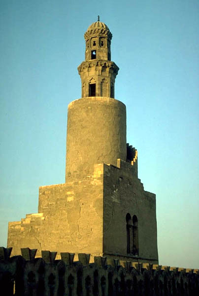 View of the mosque spiralling minaret.