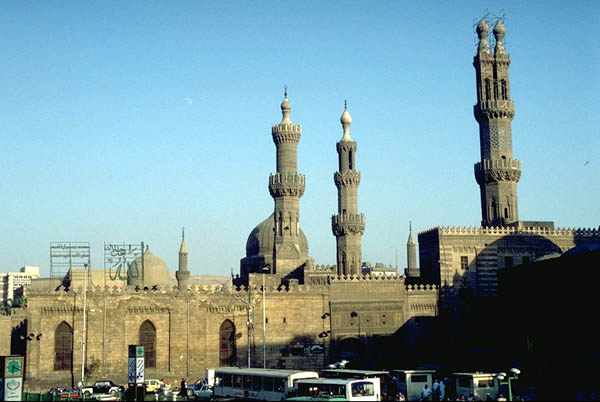 Main facade of the mosque from Northwest with the three Mamluk minarets of Aqbugha, Qaytbay, and the double-headed minaret of al-Ghuri from (L to R).