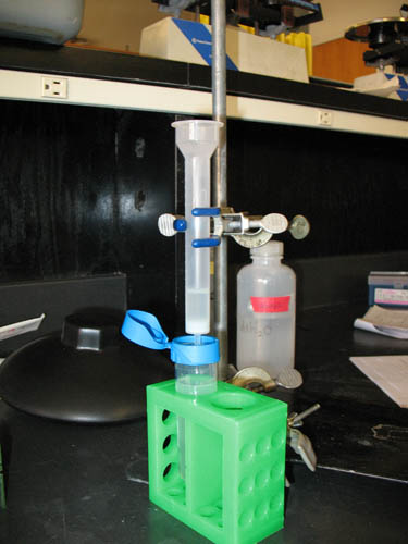 Purification column held by lab clamp above a test tube