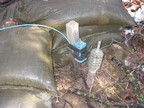 Close up of a demolition wired stake mine.