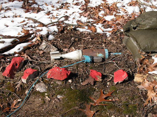 Close up of a demolition wired mortar.