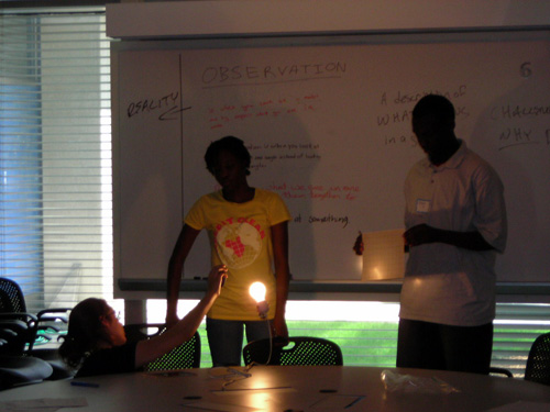 Students hold up a piece of paper to a lit lightbulb.