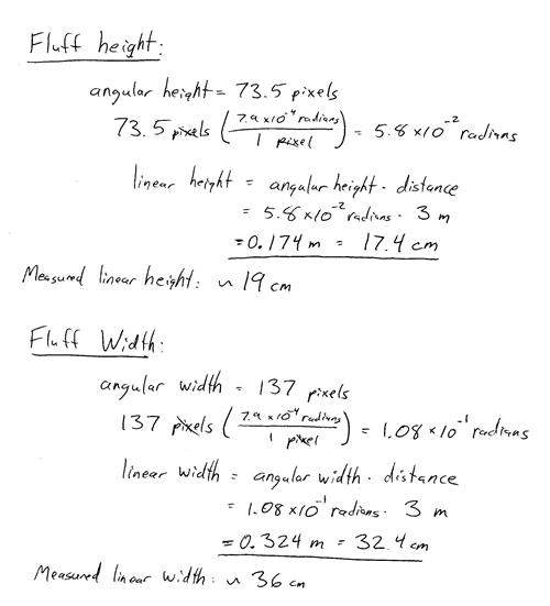 Handwritten notes detailing linear size.