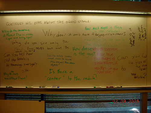 Notes written on a whiteboard explore the Orion Nebula.