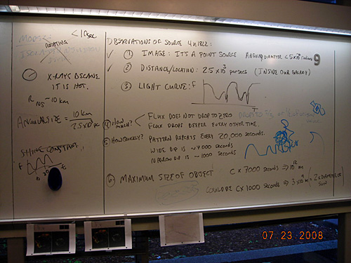Notes on a whiteboard on observations of source 4u1822.