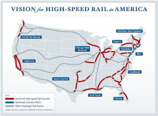 Map of existing and potential high-speed rail corridors in the United States.