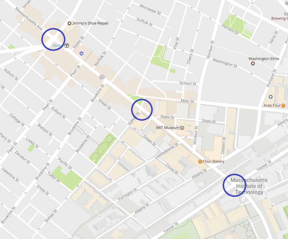 A map of Central Square in Cambridge, MA. Key intersections are highlighted with blue circles.