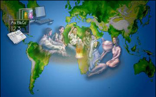 Image of a group of people layered on a world map.