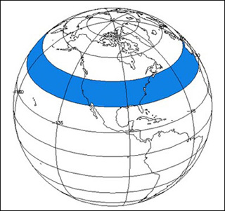 A globe of the earth divided by horizontal and vertical bands.