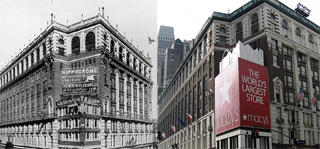 Two images of a building, one taken in 1907 in black and white, and the other in color of the building today.