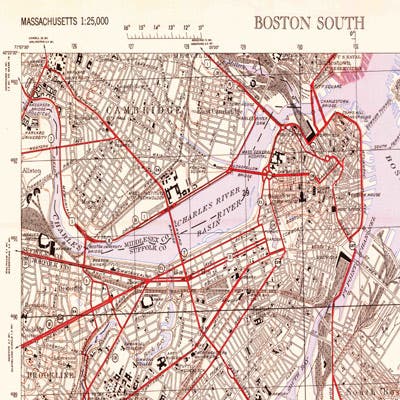 A topographical map of Boston and Cambridge.