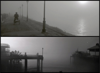 Two black and white photographs, both along the water and shrouded in fog.