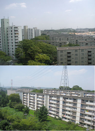Two photos of Tama New Town buildings and rooftops.