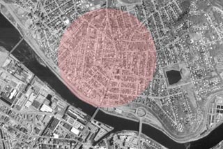 Aerial photograph with the Centralville neighborhood highlighted in pink.