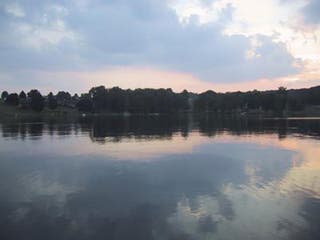 A photo of a calm lake with trees in the distance.